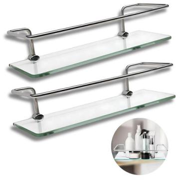 Imagem de Kit 2 Porta Shampoo Reto 30cm Vidro e Suporte Fixação Dupla Prateleira