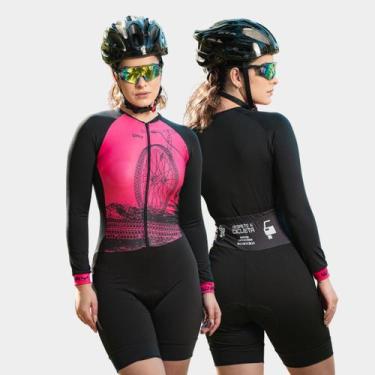 Imagem de Macaquinho de Ciclismo Feminino Forro Espuma Manga Longa Proteção Uv R