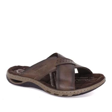 Imagem de Chinelo Masculino Em Couro Tiras Largas Amortech Pegada Pinhão