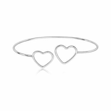 Imagem de Bracelete Prata 925 Fio Fino Rígido Aberto com Detalhe Dois Corações F