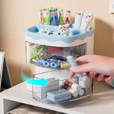 Imagem de Porta Lápis Organizador Mesa com 2 Gavetas - - Novo Século, Azul
