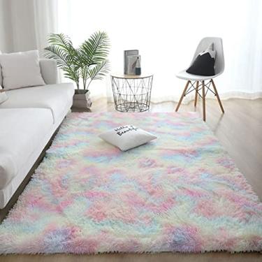 Imagem de Tapete felpudo fofo, tapetes peludos de pelúcia para sala de estar do quarto, tapetes felpudos para crianças bebê, tapetes macios para dormitório, tapete para quarto de adolescente, arco-íris 119 cm x 160 cm