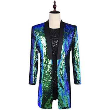 Imagem de Blazer longo leve masculino lantejoulas terno jaqueta roupas de palco primavera outono casaco de negócios para festa jantar baile de casamento, verde, 2GG (busto: 112 cm)