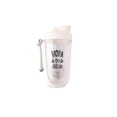 Imagem de Coqueteleira Shakeira Whey para Academia e Treino com Misturador e Alça Esfera Mola Frase Hora do Treino 550 Ml (Branco)