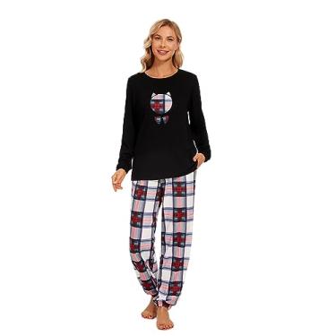 Imagem de Conjunto de pijamas de algodão para mulheres manga comprida com calças macias confortáveis e fofas estampas de gato conjuntos de lounge P-GGG, B1 - preto, GG