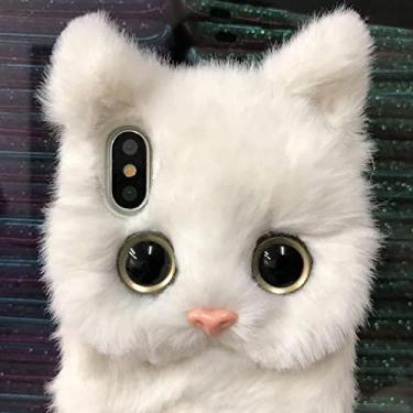 Imagem de HFICY Capa de telefone feminina compatível com Samsung Galaxy A14 5G com 2 peças de protetor de tela de vidro temperado, capa peluda fofa de pele sintética (gato branco)