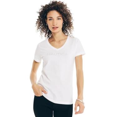 Imagem de Nautica Camiseta feminina Easy Comfort Supersoft 100% algodão clássico logotipo, (Coleção com decote em V 2024) Branco fresco, P