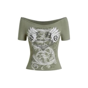 Imagem de SOLY HUX Camisetas femininas Y2k Graphic Crop Tops com estampa de estrelas, ombros de fora, manga curta, Estampa verde militar, P