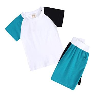 Imagem de Metaxas Camiseta infantil unissex de verão para bebê, 2 peças, patchwork, algodão, 2 peças, roupas de dormir, Azul escuro, 5-6 Anos