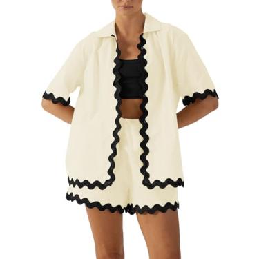 Imagem de ISZPLUSH Conjunto curto feminino de 2 peças com lapela de peito único, camisas soltas, cintura elástica, short para férias, Bege, M