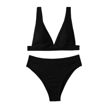 Imagem de Biquíni feminino, cor sólida, cintura alta, controle de barriga, roupa de banho slim fit, push up, roupa de praia triangular, I#_preto, P