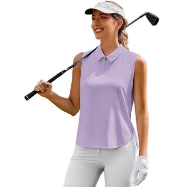 Imagem de PINSPARK Camiseta feminina de golfe, sem mangas, FPS 50+, tênis, gola V, secagem rápida, atlética, gola 1/4, regata para treino, Roxa, P