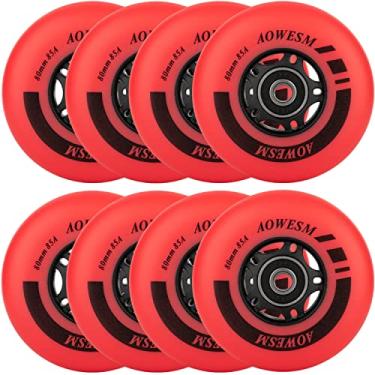 Imagem de AOWESM Rodas de substituição em linha para skate WheeIs 85A para ambientes externos em linha com rolamentos ABEC-9 e espaçadores flutuantes, 72 mm/76 mm/80 mm, cores preto/azul/vermelho, pacote com 8 (vermelho, 72 mm)