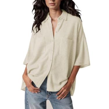 Imagem de Langwyqu Camisetas femininas de botão, manga curta, gola V, gola V, blusa de malha solta de verão com bolsos, Bege, G