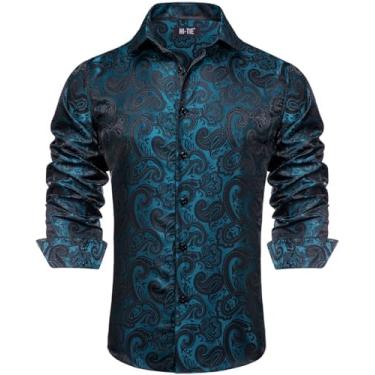 Imagem de Hi-Tie Camisas sociais masculinas de seda jacquard manga longa casual abotoada formal casamento camisa de festa de negócios, Paisley preto azul-petróleo, G
