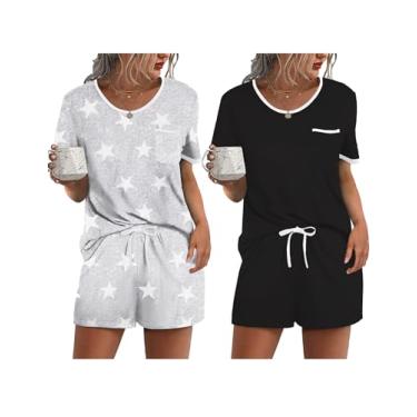 Imagem de Ekouaer Conjunto de pijama feminino, 2 peças, conjunto de pijama macio, bolso no peito, Pacote com 2: estrela cinza claro/preto, P
