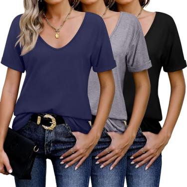 Imagem de Riyiper Pacote com 3 camisetas femininas com gola V, manga enrolada, lisa, casual, folgada, leve, básica, macia, Preto, cinza claro, azul marinho, G