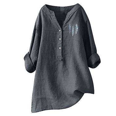 Imagem de Camisa feminina de botão, mistura de algodão e linho, manga comprida, gola V, casual, solta, para trabalho, Cinza, XG