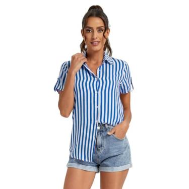 Imagem de Aeslech Camisetas femininas xadrez de manga curta com botões casuais gola V verão azul preto M, F Azul, XXG