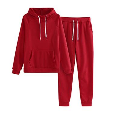 Imagem de JMMSlmax Conjunto de moletom feminino de duas peças, pulôver de manga comprida, blusa e calça para treino atlético, A1 - vermelho, P