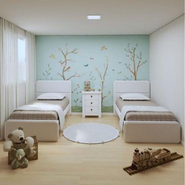 Imagem de Quarto Infantil com 2 Camas de Solteiro Loop e 1 Mesa de Cabeceira Maggiore Branco