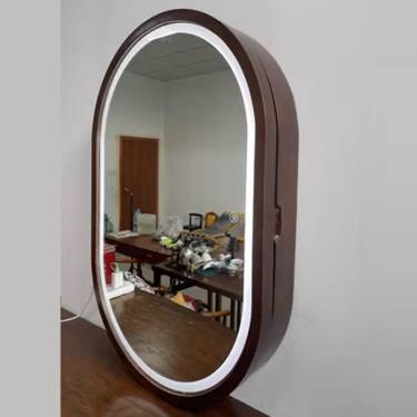 Imagem de Armário de remédios oval de 28 polegadas com luzes, armário de remédios LED com moldura de madeira com regulável em 3 cores, armário de espelho iluminado para banheiro, temperatura de cor aj