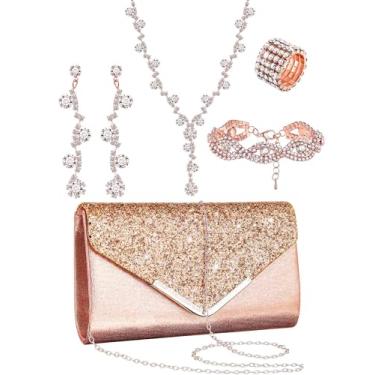 Imagem de Henoyso Conjunto de 5 peças de joias de strass para formatura, joias, strass, bolsa, colar, brincos, pulseiras para mulheres noivas, Stylish Style, poliéster, strass, couro PU, liga e strass, Sem