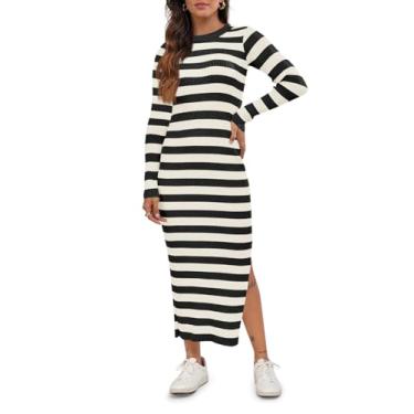 Imagem de Wenrine Vestido feminino listrado manga comprida gola redonda malha slim fit dividida outono vestido midi casual, Preto, G