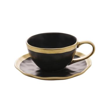Imagem de Xícara Para Chá Com Pires Em Porcelana Dubai 200ml Wolff Preto e Dourado