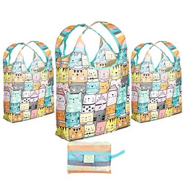 Imagem de O-WITZ Sacolas reutilizáveis para supermercado | Bolsa tote vibrante para compras, academia, materiais de escritório, equipamentos de praia, brinquedos e mais | Design lavável com alças grandes para máxima conveniência | Pode ser dobrada em uma pequena bolsa, 3 unidades, gatos
