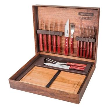 Imagem de Kit churrasco 15 peças polywood laminas em aço inox cabo de mandeira v