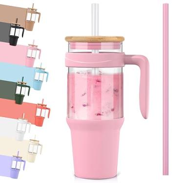 Imagem de Copo de vidro Tronco 1,2 l, com alça, reutilizável, com tampa e canudo, copo para café gelado, garrafas de água, compatível com porta-copos, perfeito para smoothie