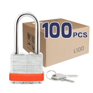 Imagem de LanuBe Cadeado com chave laminada (1-9/40.6 cm, 40 mm), fechaduras semelhantes com chave, manilha longa, aro de plástico laranja marcado, pacote com 100