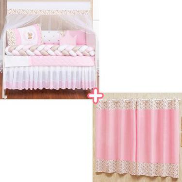 Imagem de Kit berço com trança ursinho teddy com edredom e cortina estampada con
