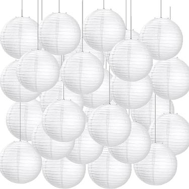 Imagem de Treela Pacote com 90 lanternas de papel brancas chinesas japonesas decorativas, lanternas de bola suspensas, redondas de papel, para casamento, festa de aniversário, chá de bebê, decorações de casa (20 cm)