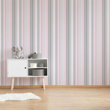 Imagem de Papel de Parede Listrado Rosa e Cinza 57x270cm - Quartinhos