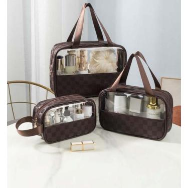 Imagem de Kit 3 Necessaire Bolsa Feminina Masculino Xadrez Organizador Maquiagem