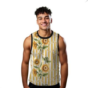 Imagem de Camiseta Regata Verão Estilo Moda Praia Listras Amarelo Flores Girasso