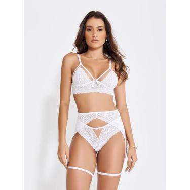 Imagem de Conjunto Lingerie Sensual Luxo Cinta Liga Rendada Pingente - ALTIE, GG