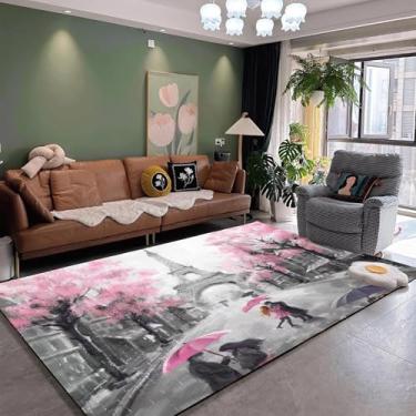 Imagem de EDGZKO Tapetes de Paris para quarto de meninas: 1,5 x 1,8 m rosa cinza tapete de área para sala de estar, casa, cozinha, corredor, tapete temático de Paris, tapete interno para adolescentes, meninas e