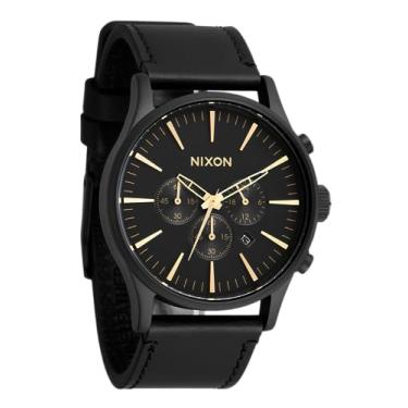 Imagem de NIXON Relógio cronógrafo analógico masculino Sentry Chrono Leather A1391-100 m resistente à água (mostrador do relógio de 42 mm, pulseira de couro de 23 mm), Preto fosco/dourado/preto