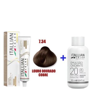 Imagem de Kit Coloração Itallian Premium 60g Louro Dourado Cobre 7.34 + Emulsão 
