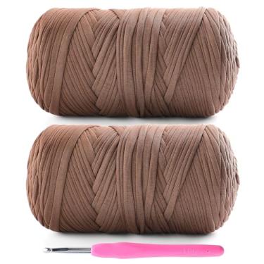Imagem de Lpalats Pacote com 2 fios de camiseta para crochê - 800 g/260 m, café, tecido elástico macio, 1 agulha de crochê (2, G/6)