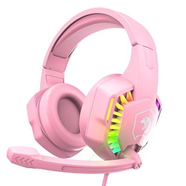 Imagem de Fone de ouvido para jogos com fio com microfone retrátil Rainbow RGB,som estéreo,espuma de memória, protetor auricular sobre a orelha,fone de ouvido para PS4,PC,Mac,Gamer Music(Rosa)