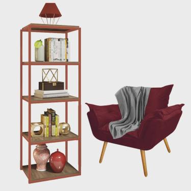 Imagem de Kit Poltrona Fatte com Manta Soft Cinza e Estante Livreiro Ferro Bronze mdf Imbuia Suede Bordô - Ahazzo Móveis
