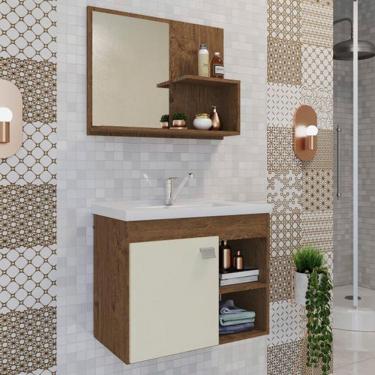 Imagem de Conjunto Armário Para Banheiro 100% Mdf Bia Com Espelheira E Pia Mgm Móveis Amêndoa/off White