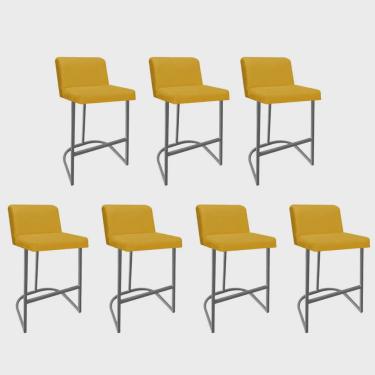 Imagem de Kit 07 Banquetas Com Encosto Noah Luxo Confort Bistrô Cozinha Ferro Cinza Sintético Amarelo - Ahz Móveis
