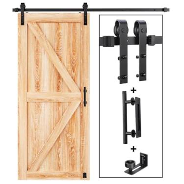 Imagem de EaseLife Kit de ferragens para porta de celeiro deslizante de 2,5 m e kit de ferragens de maçaneta, polia J básica, deslize suavemente silenciosamente, fácil instalação (kit de trilhos de 1,7 m para