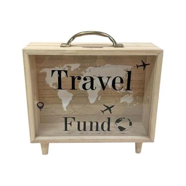 Imagem de Cofrinho de Fundo de Viagem, Caixa de Fundo de Férias, Mala, Caixa de Poupança de Viagem, Caixa de Sombra de Madeira para Dinheiro e C-Oins, Caixa de Fundo de Aventura com Alça para Adultos e Crianças