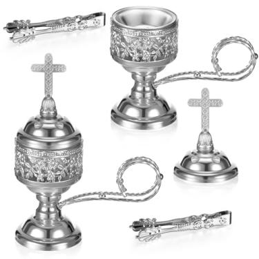 Imagem de Zonon 2 conjuntos de queimadores de incenso com pinça, suporte de incenso de carvão e olíbano, ideal para ioga, spa, aromaterapia, incensário doméstico e igreja cristã (prata)